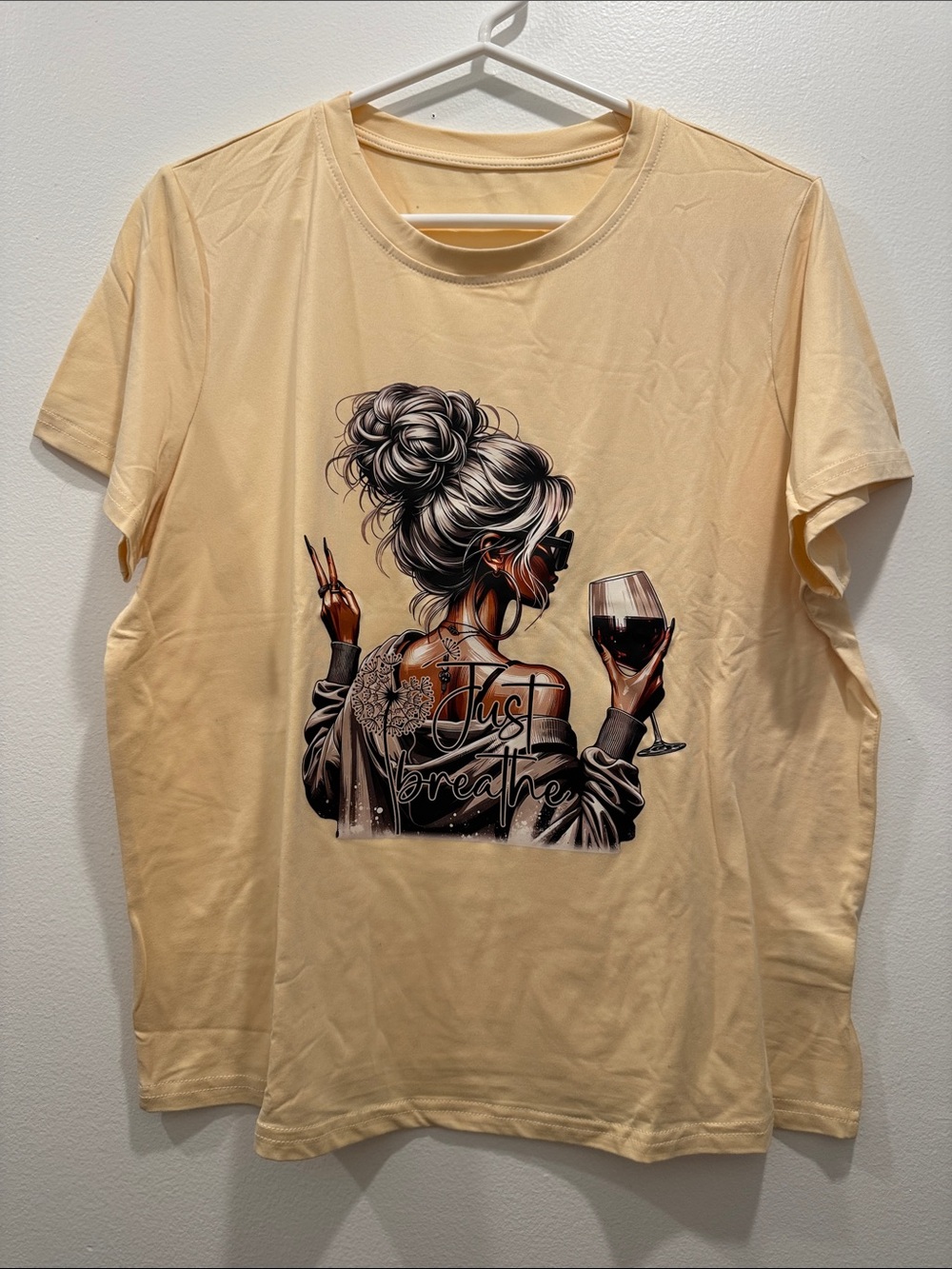 Graphic Tee - 'Just Breathe' Woman with Wine - Pale Yellow